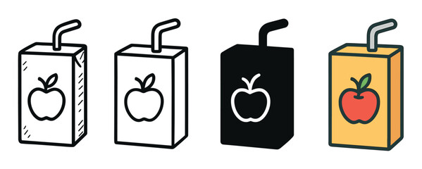 Four apple juice box vector icons presented in a set with different graphic styles, including a simple outline, a solid glyph, a doodle, and a full color cartoon version