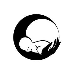 A peaceful silhouette of a sleeping baby nestled safely in a protective hand within a circular crescent moon shape, symbolizing care, security, maternity, and gentle slumber.