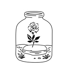 A delicate rose growing on a small island inside a glass jar, surrounded by calm water and simple plants, creating a peaceful and symbolic minimalist scene.