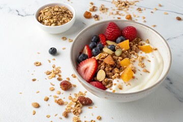 Delicious and Healthy Breakfast Bowl Featuring Creamy Yogurt, Crunchy Granola, and Fresh Mixed Berries on a Marble Background for a Nutritious Start