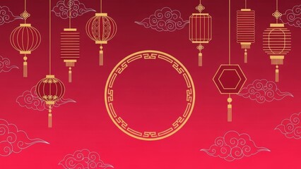 Festive red background with hanging golden lanterns and decorative clouds, celebrating a special occasion.