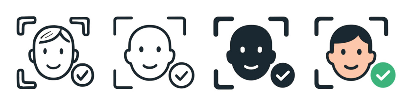 Facial recognition icon set with four different styles showing a successful biometric face scan for identity verification and security access with a green checkmark
