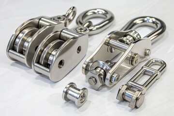Obraz premium Assortment of high-quality stainless steel marine rigging pulleys, blocks, and various robust boating hardware components