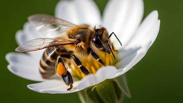 Sun-kissed Honeybee with a Full Orange Pollen Basket on a White Daisy.