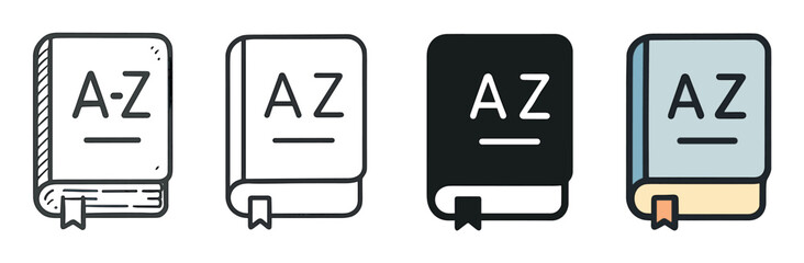 Set of four dictionary book icons with A-Z on the cover, featuring various styles like hand-drawn doodle, simple outline, solid glyph, and a colorful filled version