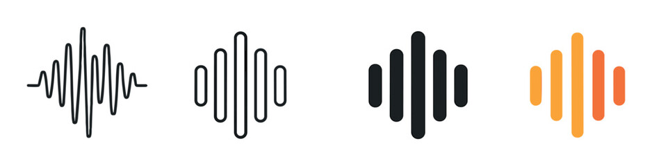 Fototapeta premium Set of four sound wave icons showing various graphic styles from a detailed audio waveform to a simple equalizer bar graph for voice recognition or music player interfaces