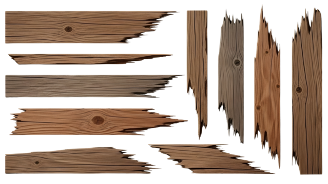 Collection Of Weathered Broken Wooden Planks And Boards With Jagged Edges Visible Grain And Knots