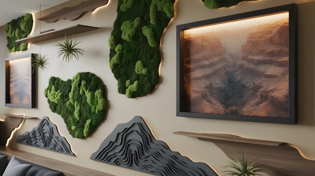 Interior wall decor with moss art and mountain art creating a natural and modern aesthetic perfect for eco-friendly design