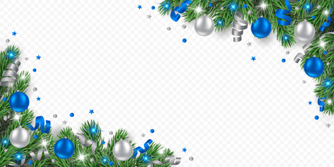 Vector pine tree frame with silver and blue Christmas balls, confetti, ribbons and lights isolated on a transparent background. Holiday Christmas tree border for winter decor.