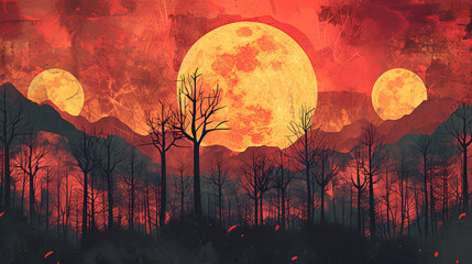 Celestial Inferno: A surreal scene of multiple moons cast an eerie, fiery glow over a desolate, silhouetted landscape.