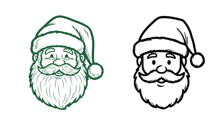 Two stylized santa claus faces one green outline one black outline