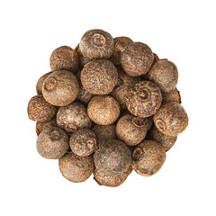 A pile of dried allspice berries, an aromatic spice, isolated on a transparent background.