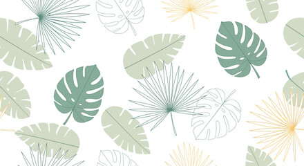 Fototapeta premium A seamless tropical pattern featuring a delicate watercolor illustration of various monstera and palm leaves in muted green and beige tones on a white background
