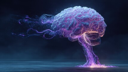 Abstract Brain Illustration with Glowing Particles on Dark Background