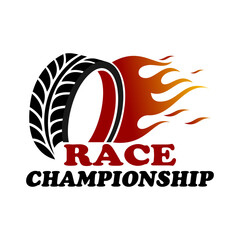 Simple creative logo, fire car wheel racing emblem isolated on white background.