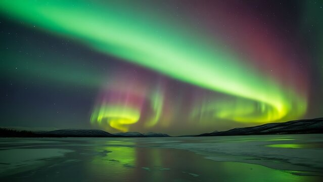 Vibrant Green and Magenta Aurora Borealis Swirling Over a Frozen Lakes Icy Reflection. - Powered by Adobe