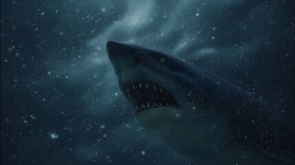 Naklejka premium A menacing shark with sharp teeth swims in dark particle filled underwater depths