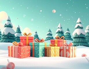 Colorful gifts in snowy forest with pine trees and falling snow