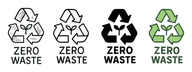 Collection of zero waste vector icons with a recycling sign and a small plant sprout, shown in hand-drawn doodle, simple outline, black silhouette, and color fill variations