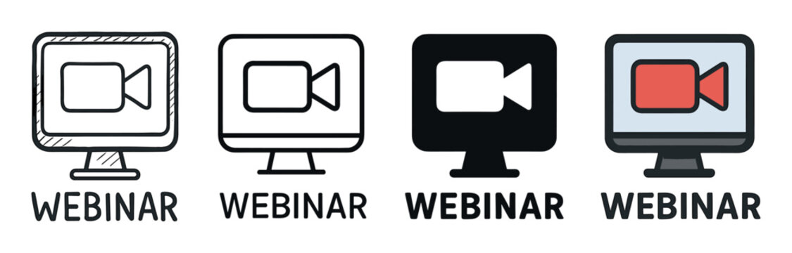 Webinar icon set in four different styles showing a video camera on a computer monitor for online education and virtual meetings, including doodle, line, glyph, and flat color versions