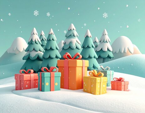 Colorful presents in snowy landscape with pine trees and snowflakes - Powered by Adobe
