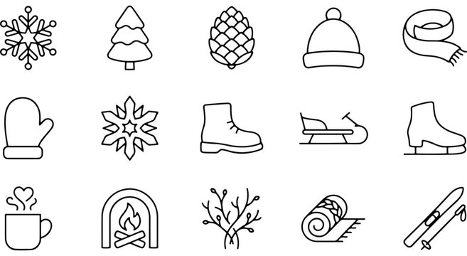 Winter theme icons set: snowflake, tree, pinecone, hat, scarf, mitten, boot Vector
