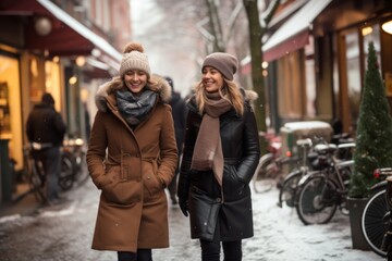 Two women city winter street.