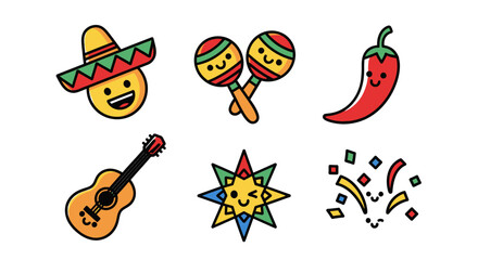 A collection of flat, cute and colorful vector illustrations perfect for Cinco de Mayo celebrations and parties or any other Mexican theme.