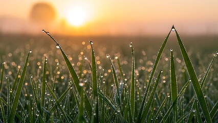 Fototapeta premium Cinematic vertical macro of dew-covered grass at dawn with perfect spherical droplets reflecting soft golden sunrise glow, dreamy bokeh depth, misty meadow ambience, and peaceful untouched mornin
