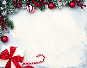 Christmas gift and candy cane on snowy background with festive