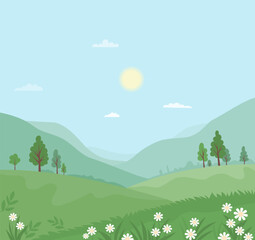 Obraz premium Summer landscape with Green Trees, Grass and Blossoming Wild White Flowers. Seasonal Nature poster. Minimal flat square background. Vector illustration. Not AI
