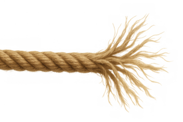 Fraying rope showing impending break under stress and tension, end unraveling illustrating risk and collapse concept