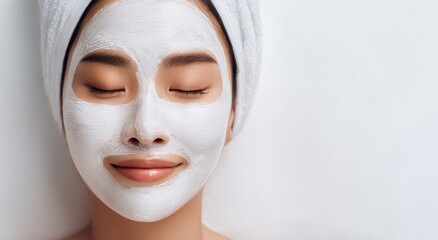 Woman with closed eyes wears white facial mask and towel wrapped head.