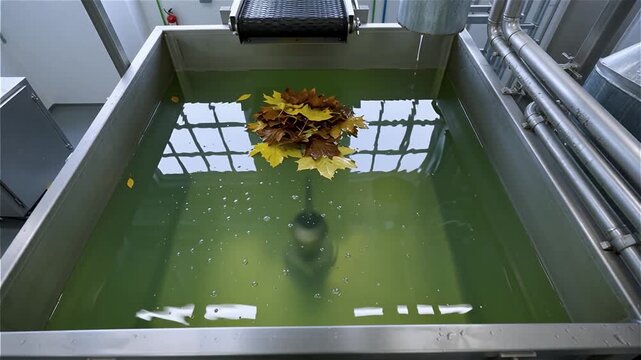 The leaves are sent to an industrial tank for processing. Loading biomass into the biofuel production system. Biofuels from waste.