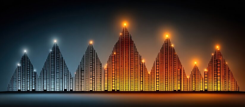 An artistic illustration showcases a cityscape silhouette with buildings illuminated by vibrant lights, creating a dynamic and visually appealing representation of an urban environment - Powered by Adobe