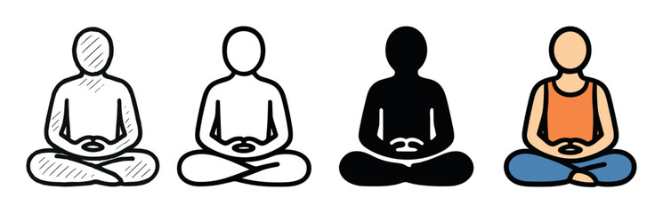 Set of four stylized icons showing a person meditating in a lotus pose, presented in various graphic styles including sketch, outline, silhouette, and full color illustration