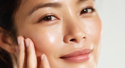 Close up of woman's glowing skin being touched by her fingers.