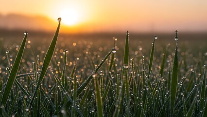 Fototapeta premium Cinematic vertical macro of dew-covered grass at dawn with perfect spherical droplets reflecting soft golden sunrise glow, dreamy bokeh depth, misty meadow ambience, and peaceful untouched mornin