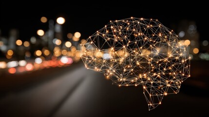 Abstract Brain Connectivity Illuminated Over Blurry City Street at Night