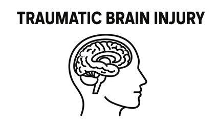 A simple and iconic black and white vector illustration representing a Traumatic Brain Injury (TBI).