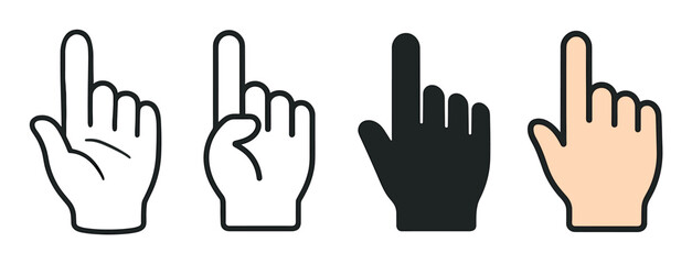 Hand pointer cursor icon set showing a pointing index finger gesture in four different graphic styles including detailed line art, simple outline, black silhouette, and color illustration