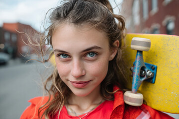 Teenage girl with a playful smirk holding a skateboard.