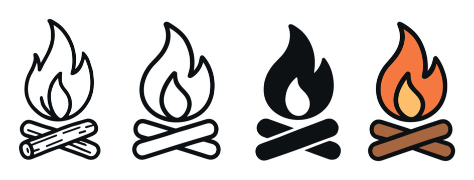 Set of four campfire icons showing different styles including detailed line art, a simple outline, a solid black silhouette, and a full color version for user interface design