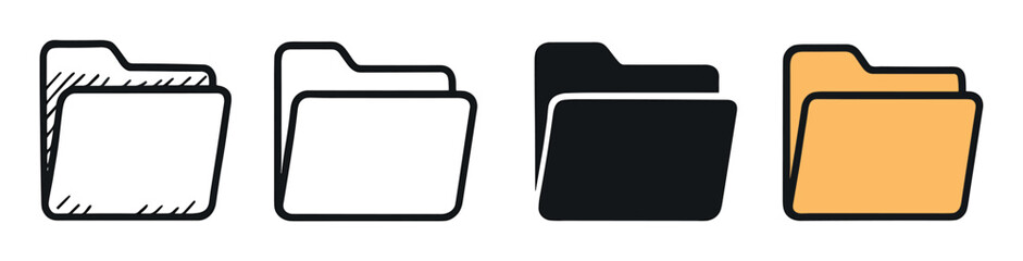 Set of four folder icons in different graphic styles including doodle, outline, solid glyph, and color for user interface design, data storage, and document organization