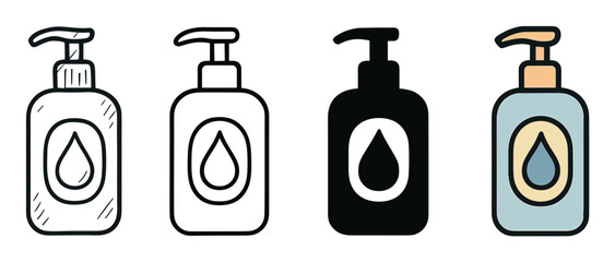 Set of four liquid soap dispenser icons in various styles including doodle, outline, silhouette, and colored versions for hygiene and cleanliness concepts