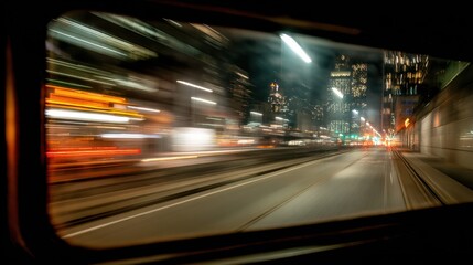 Naklejka premium Blurred View of City Lights from Vehicle Window During Night Commute Illuminated Traffic Roads and Skyscrapers
