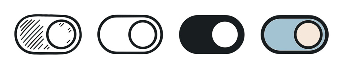 Set of four toggle switch icons for user interface design, featuring various styles including doodle, line art, solid fill, and color for application and website controls