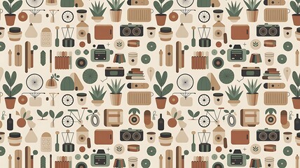 Stylish retro pattern with vintage cameras, bikes and plants evokes happy memories and a sense of adventure, great for backgrounds and design projects