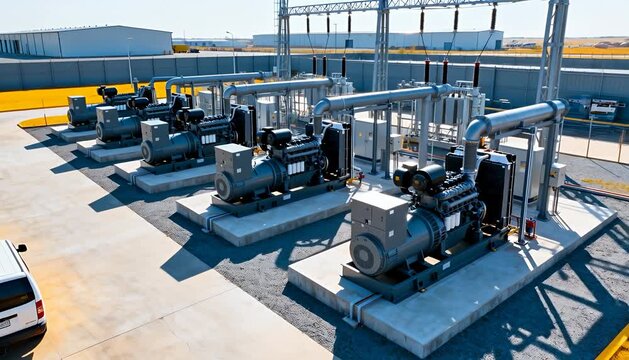 Industrial power generators at substation for energy production and distribution systems generators.