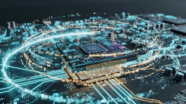 Intricate network of glowing circuits on a futuristic motherboard, representing advanced technology and data flow.
